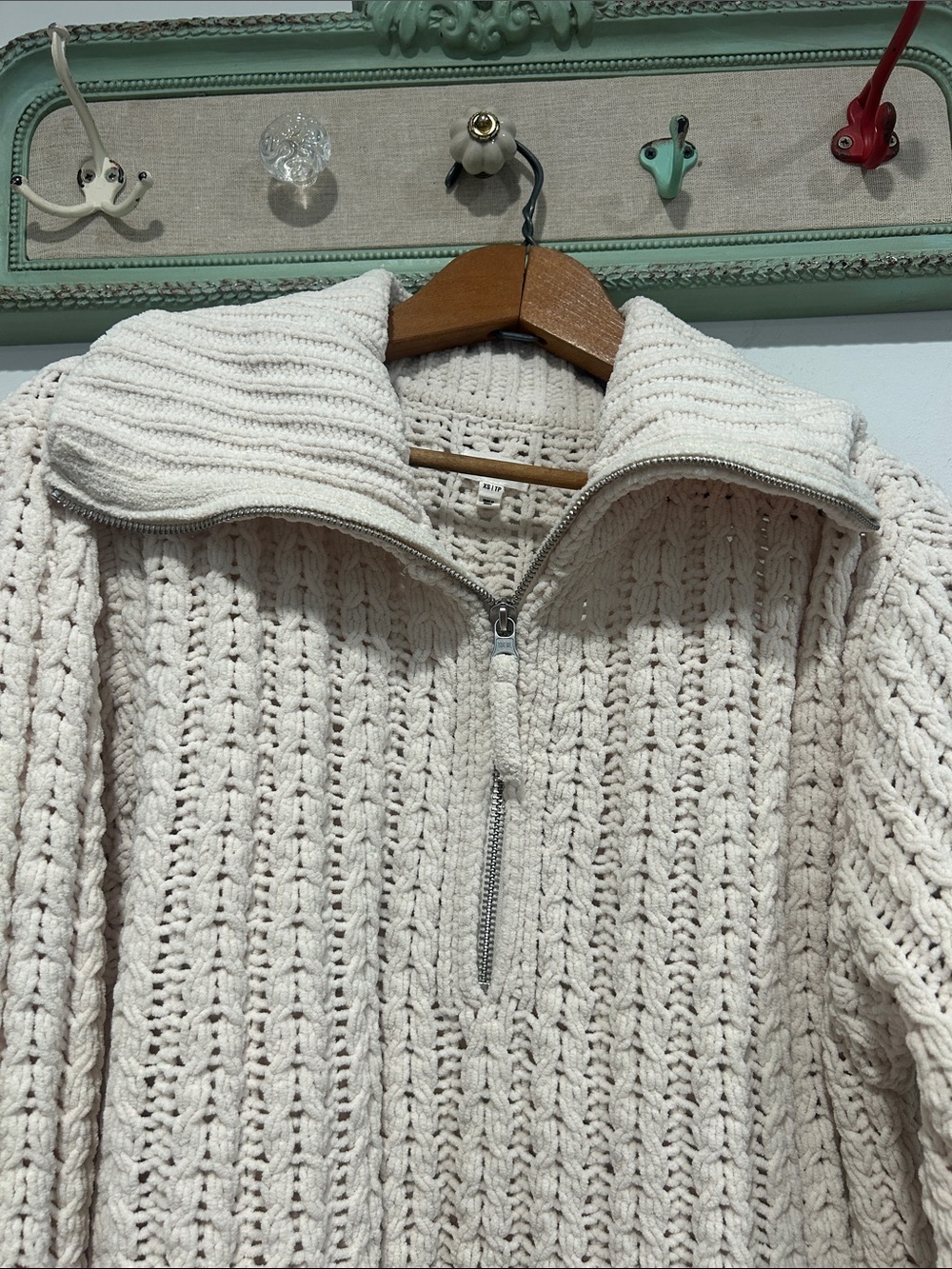aerie Cream Knit Half-Zip V-Neck Sweater women’s oversize XS pullover beach top - Picture 3 of 8